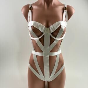Victoria's Secret Very Sexy Luxe Banded Caged Strappy Teddy White Bodysuit  Sz L